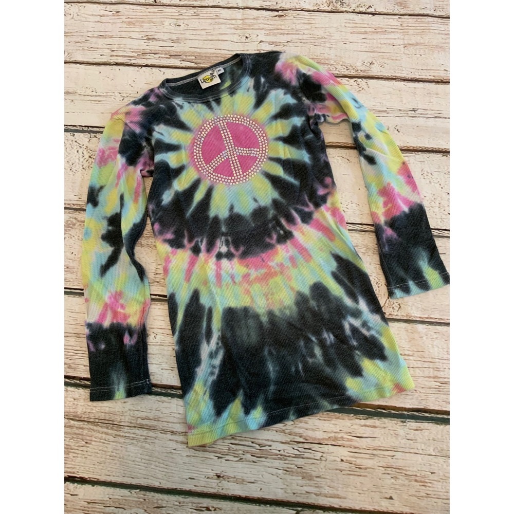 Lemon Tie Dye Thermal Top Medium Rhinestone Peace Sign Long Sleeve Waffle Knit